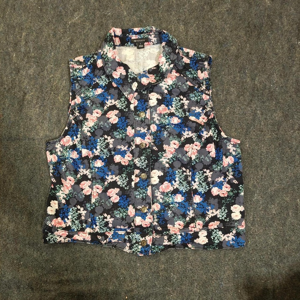 I Heart Ronson Floral Button Up Vest Women Large Black Pink Blue Sleeveless Top